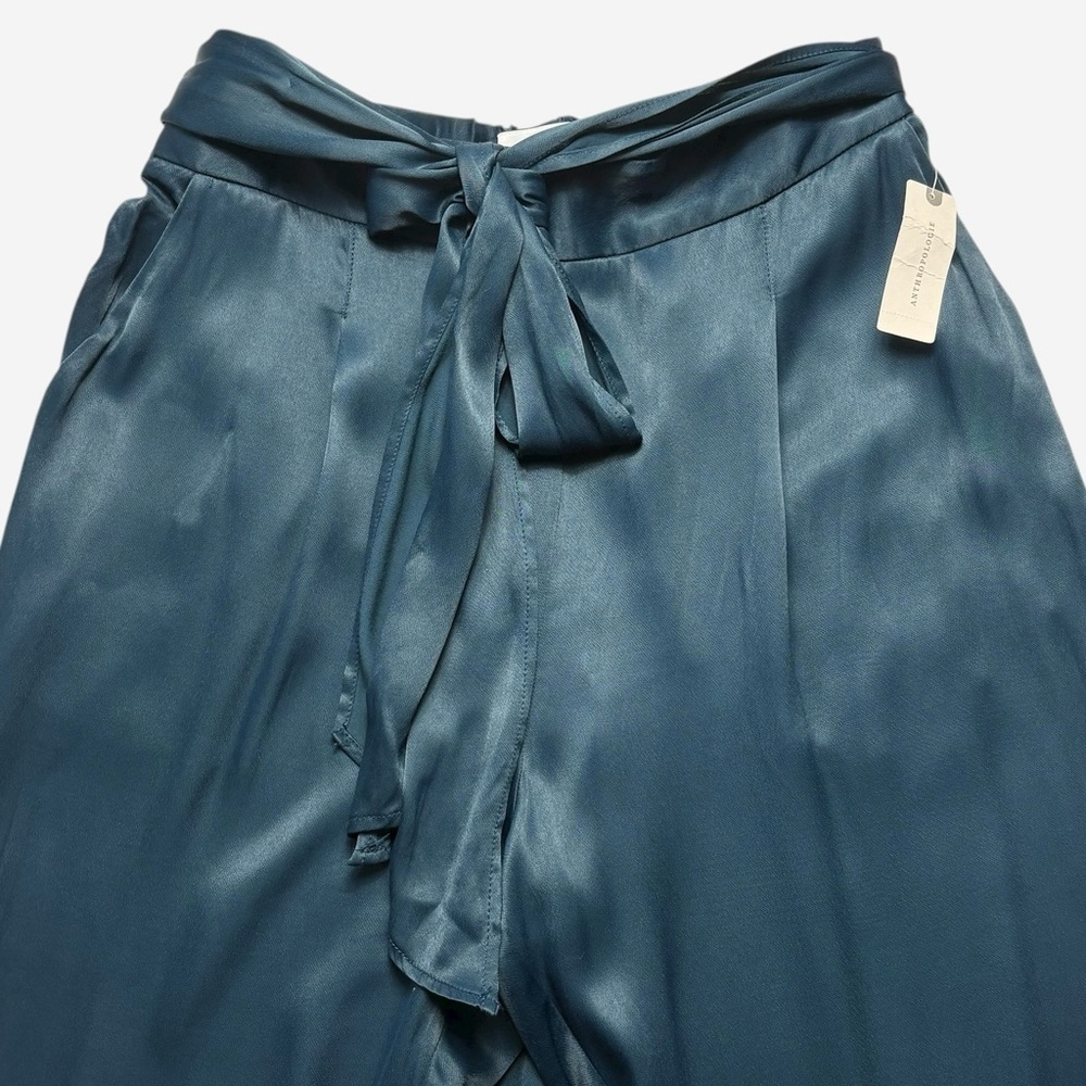 NEW Anthropologie Ett Twa Crop Pants Womens 14 Turquoise Satin Tie Waist - Picture 5 of 15